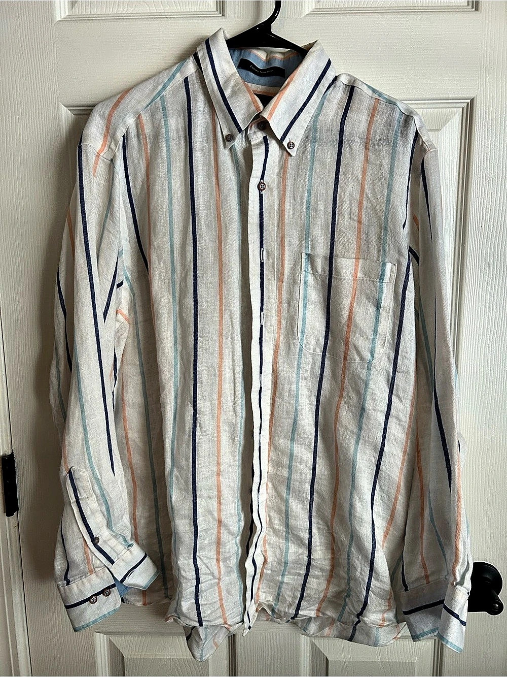 Paul Fredrick Classic Fit Striped 100% Linen Shirt Size 16 1/2 (34) Like New